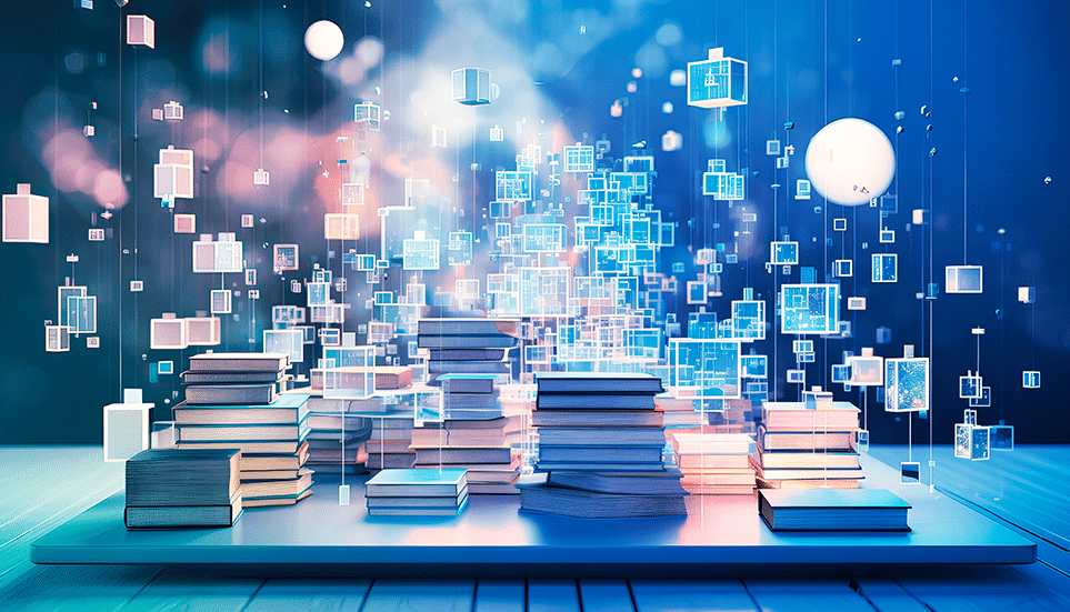 Piles de livres dans un environnement numérique Cloud