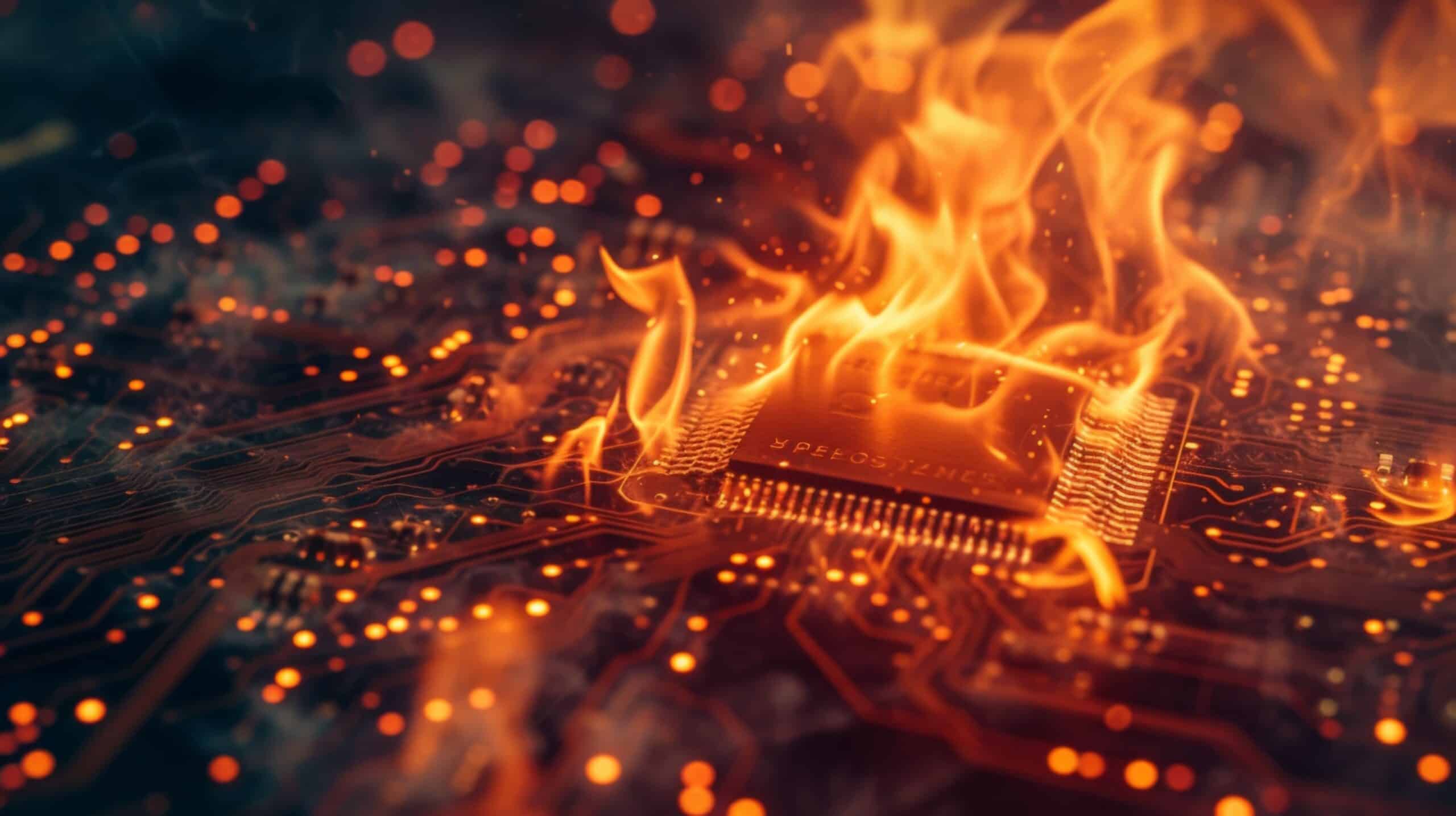 Composant informatique en surchauffe, qui brûle